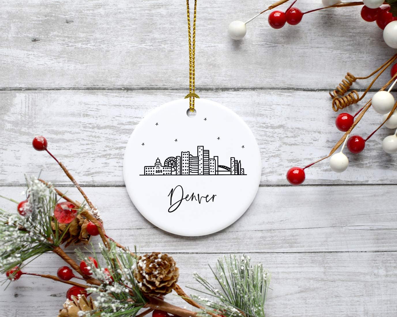 Andaz Press Round Ceramic Porcelain Christmas Tree Ornament Keepsake, Denver Black and White Stars City Skyline Graphic, 1-Pack, Birthday Gift Ideas Family Coworker Him Her, Includes Gift Box