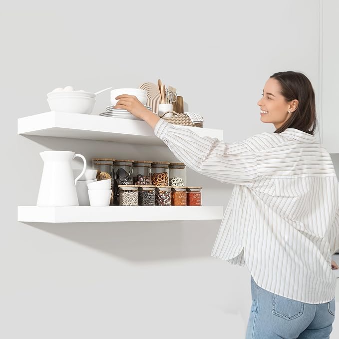 Heimlove 48" White Floating Shelves for Wall,10 Deep Rustic Wood Display & Storage Wall Shelves with Heavy Duty Brackets for Bathroom,Bedroom,Kitchen,Living Room,Office