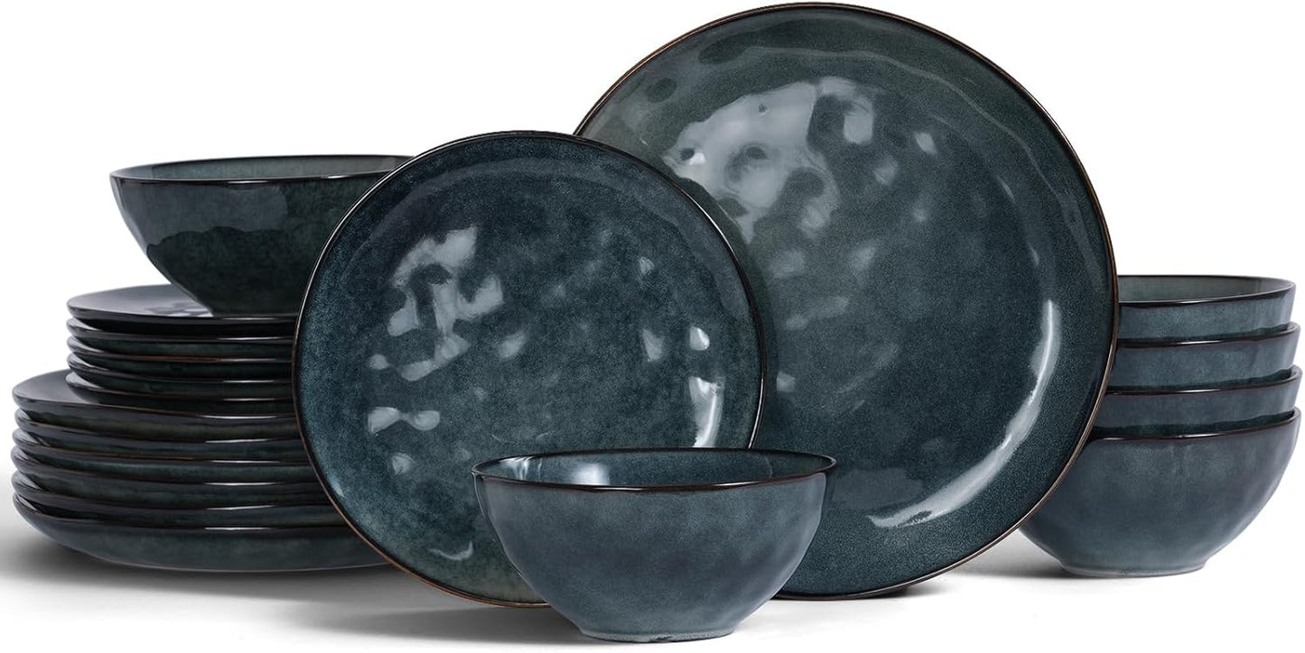 Famiware Ocean Round Plates and Bowls Set, 18 Pieces Dinnerware Sets, Dishes Set for 6, Reactive Glaze, Microwave and Dishwasher Safe, Scratch Resistant, Deep Forest