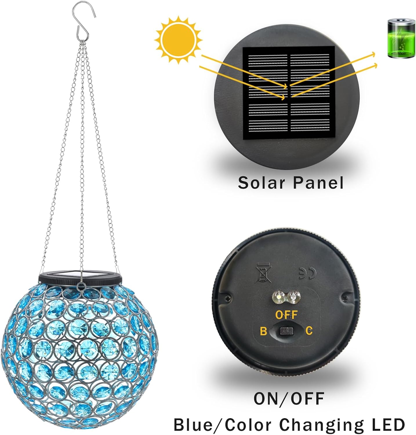 Solar Hanging Lantern Outdoor Lights, Dual LEDs Color Changing and Blue Hanging Light Waterproof Crystal Globe Lamp Decoration in Garden, Pathway, Front Door - Blue