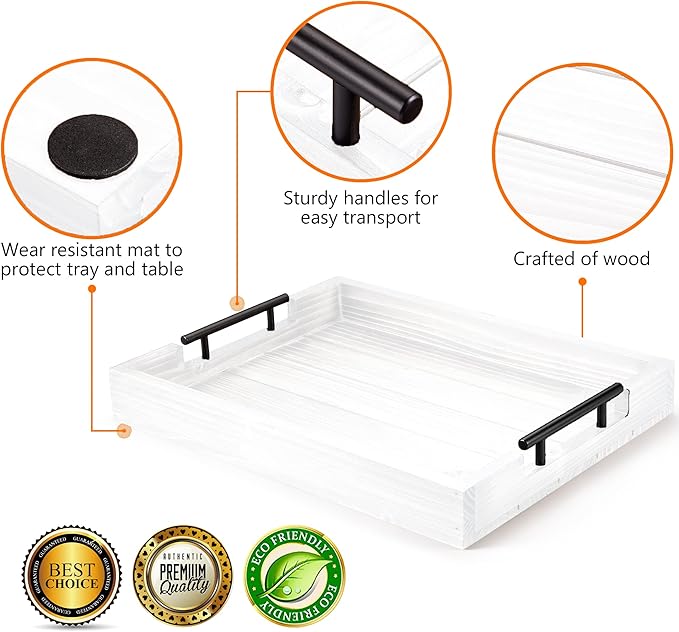 Ottoman Tray | Wooden Serving Tray with Handles & Coasters - 17x13 Inch, Rustic, White, Solid, Rectangular, Vintage, Lightweight