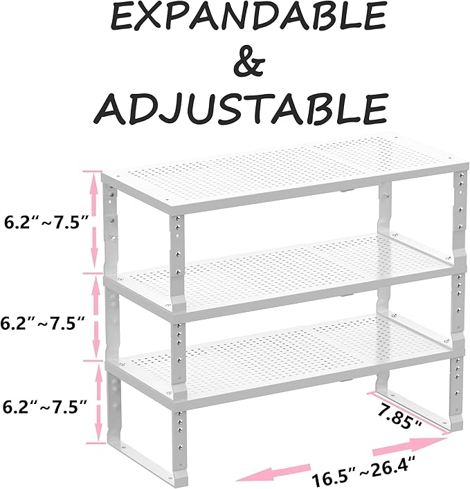 Metal Stackable Expandable Storage Shelf - Multi-Functional Home Storage Shelf, Suitable for Kitchen, Cabinet，Bathroom, Office, Garage, etc.（3PACKS/White/Medium
