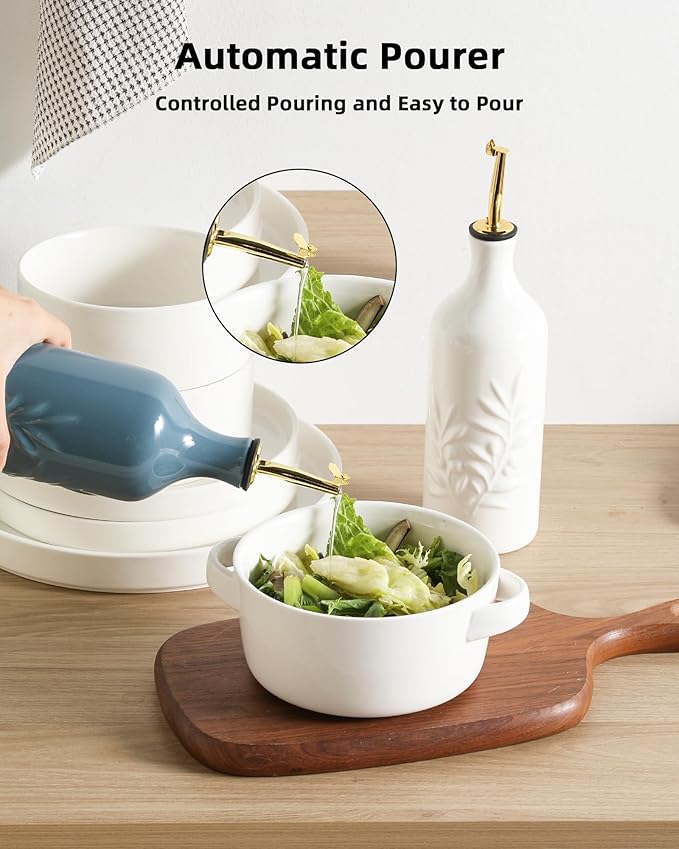 Sweejar Ceramic Olive Oil Dispenser Bottle 20 Oz Relief Opaque Oil Cruet Protects To Reduce Oxidation Suitable for Storage Vinegar, Soy Sauce, Coffee Syrup, Liquids, Set of 1 (Fogblue Gold Spout)