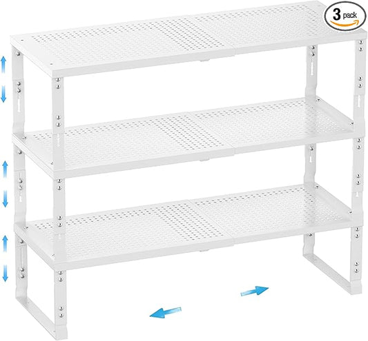 Expandable Spice Rack,Stackable Storage for Cabinet, Multi-Functional Kitchen Shelving,Height-Adjustable,Sustainable Organizer Solution(3Packs/White/Medium)