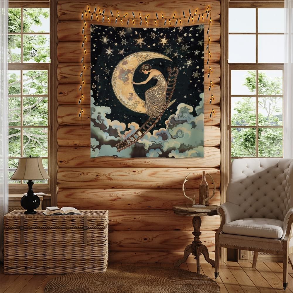 Dark Academia Gothic Aesthetic Tapestry ladder to The Moon and Stars Wall Hanging Print Trendy Vintage Art Nouveau Tapestries Decor for Home Bedroom Living Room 40x60inch