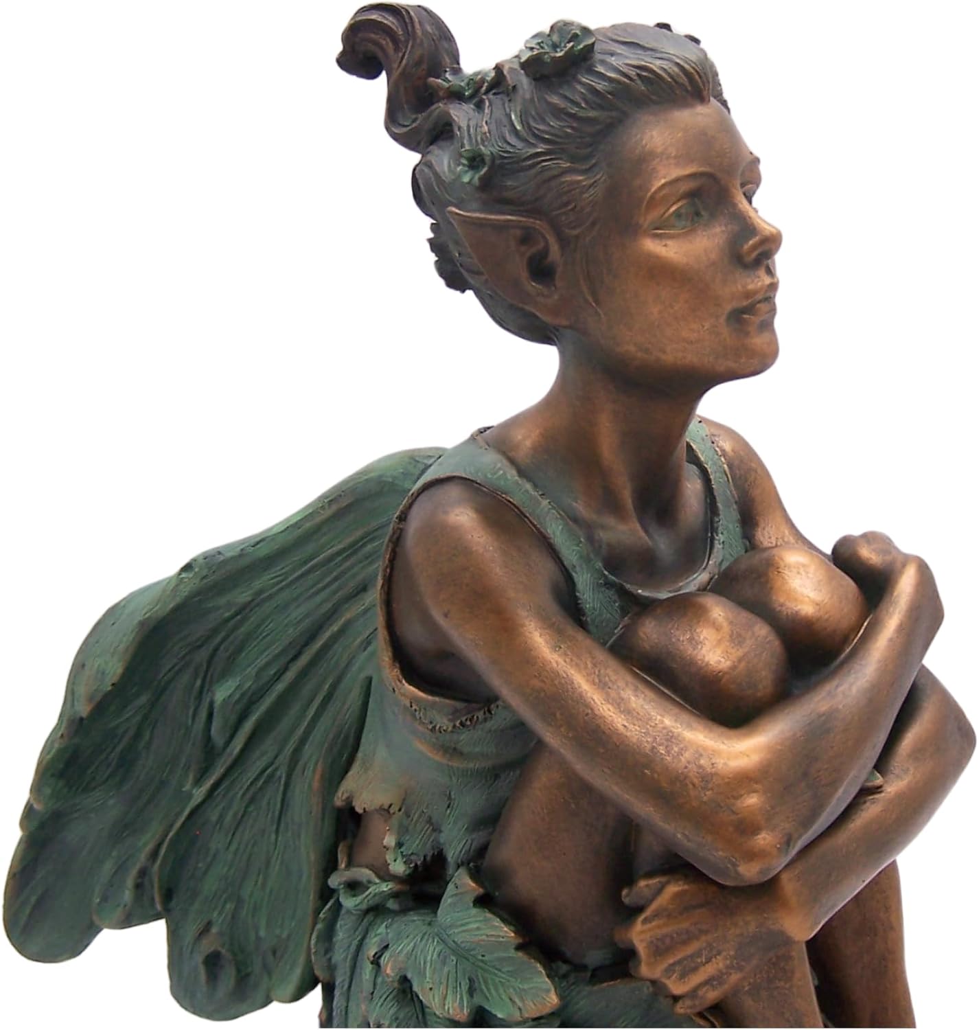 Copper Toned Fairy Holding Knees with Blue Accents Garden Statue, Whimsical Outdoor Decor, 13 Inches