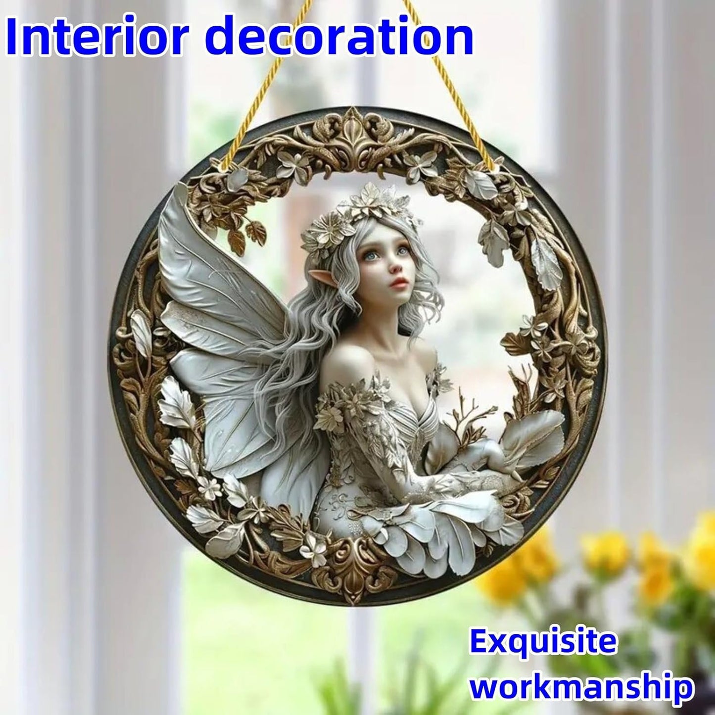 Flower Fairy Garden Decorations Angel Wing Christmas Halloween Deco Statue Art Elf Sculpture Hanging Craft for Outdoor Yard Courtyard Lawn Patio Window Acrylic Ornament Home Gift (D,L: 8*8 IN)