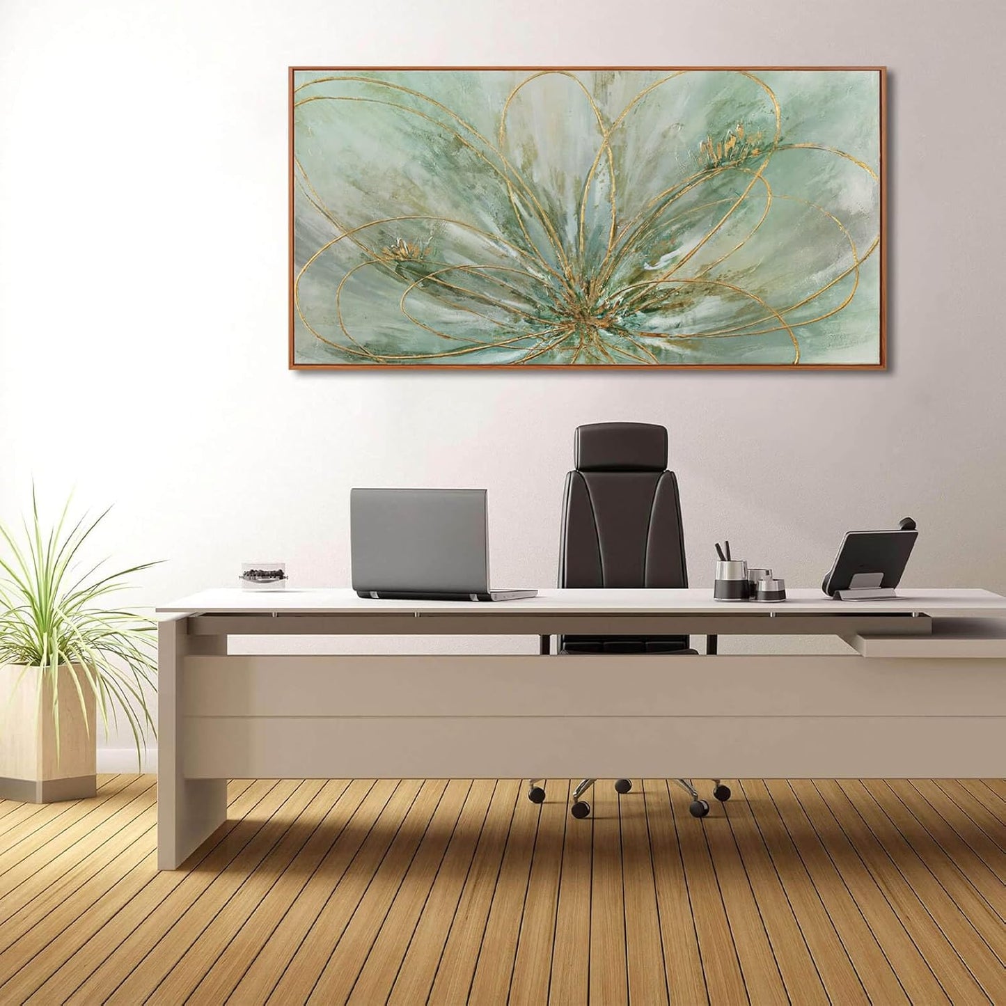 YJYart Green Abstract Canvas Artwork Flowers Wall Decor for Office Line Art Painting 24"x 48" Pictures for Bedroom Dining Room Neutral Wall Art