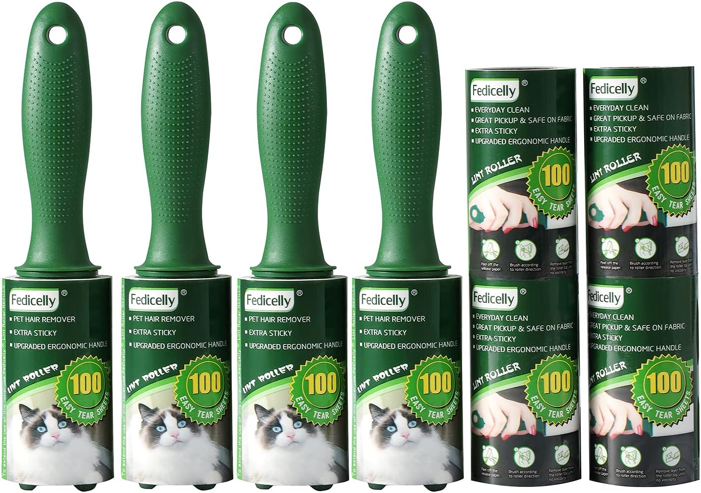 Fedicelly Lint Rollers Pet Hair Extra Sticky Clothes,Cat Dog Hair Remover Laundry Furniture Carpet,Total 800 Sheets Lint Remover Brush for Couch Green