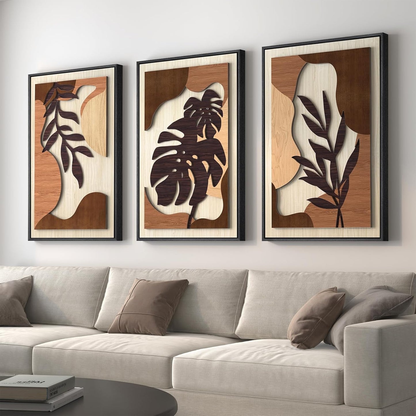 Framed Textured Wood 3D Wall Art for Living Room, Large Boho Tropical Brown Artwork for Walls, 3 Piece Farmhouse Botanical Leaf Wood 3D Textured Wall Art Decor for Office Bedroom Hallway, 24x36 Inch