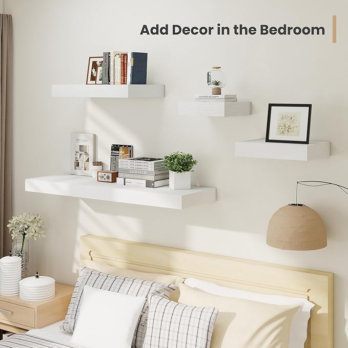 Heimlove 12 Inch Deep Floating Shelves, 12 x 12 inches Long Wall Shelf, Large Extra Display Shelf & Storage Shelf, Rustic Wood Wall Shelves for Fireplace Mantel, White - 2Pack