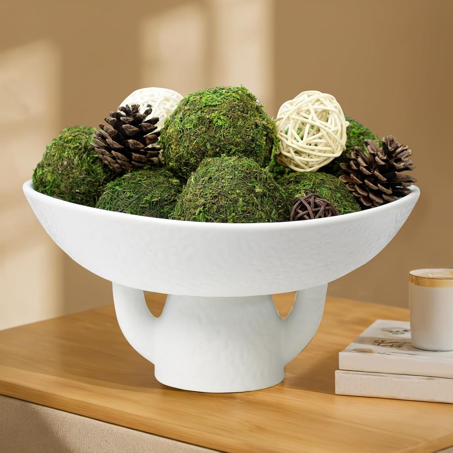NAHARO Elegant White Ceramic Bowl with Moss Ball Set-10 Decorative Bowl with 16pc Decorative Balls for Farmhouse Table Centerpiece, Living Room or Home Decor
