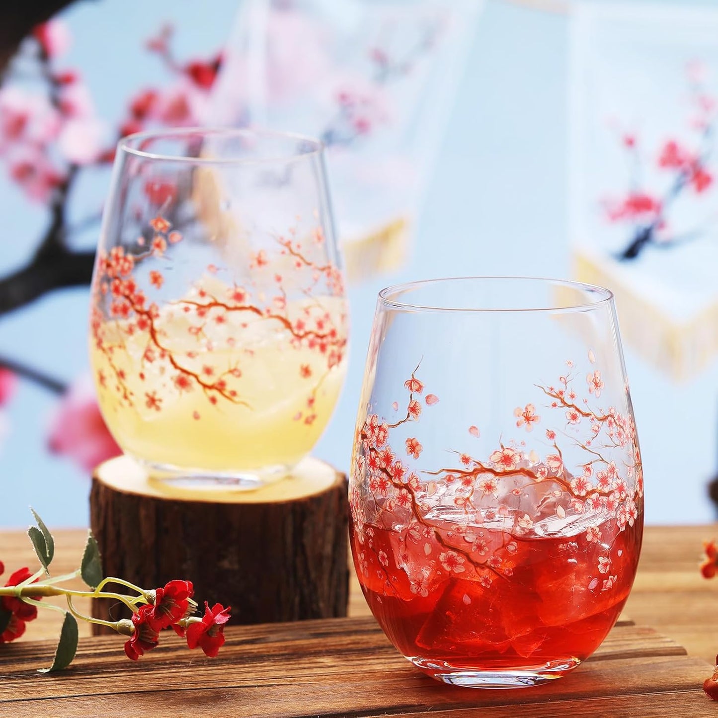 Sliner 2 Pack 17oz Cherry Blossom Stemless Wine Glasses Floral Drinking Glasses Cherry Blossom Tumbler Cups for Women Birthday Anniversary Gift Parties Supplies