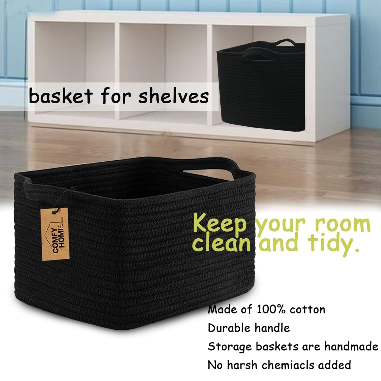 COMFY-HOMI Storage Basket for Shelves, Woven Baskets for Storage, Cotton Rope Basket,Toy Storage Organizer, Storage Cube Bin, Organization and Storage, Towel Baskets for Gift Empty, All Black