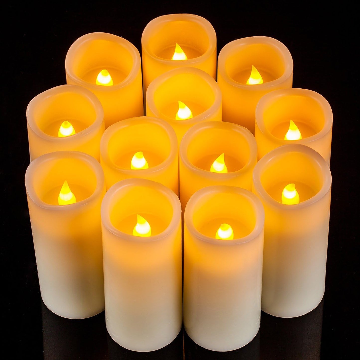 Flameless Candles Flickering LED Candles Set of 12 (D:2.2" X H:5") Ivory Real Wax Pillar Battery Opeated Candles with 10-Key Remote and Cycling 24 Hours Timer
