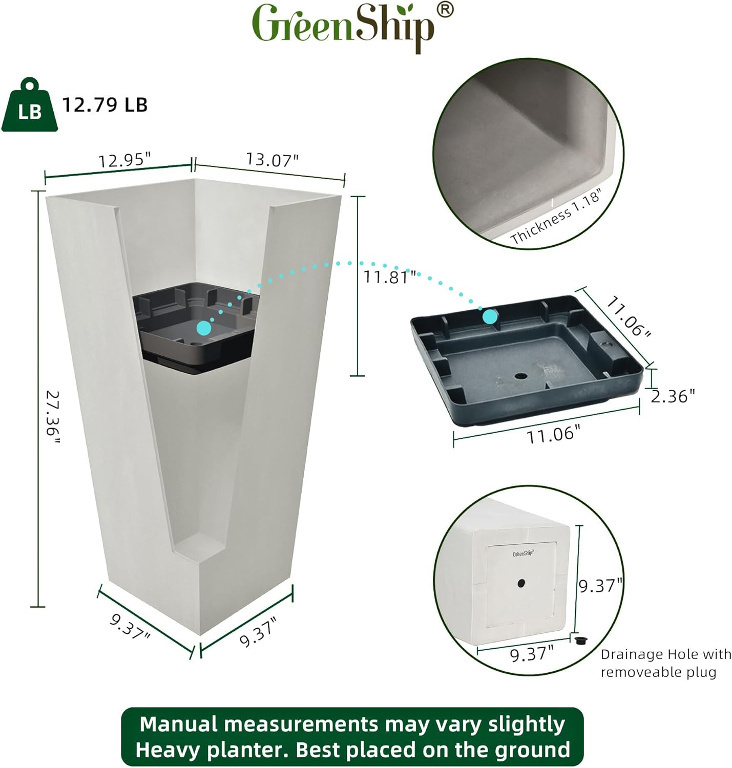 GreenShip 27" Tall Planters, Set of 2 – Black Outdoor Planter for Front Porch & Tall Plants, Weather-Resistant, with Drainage Hole & Rubber Plug (No Plants Included) (White-2pcs)