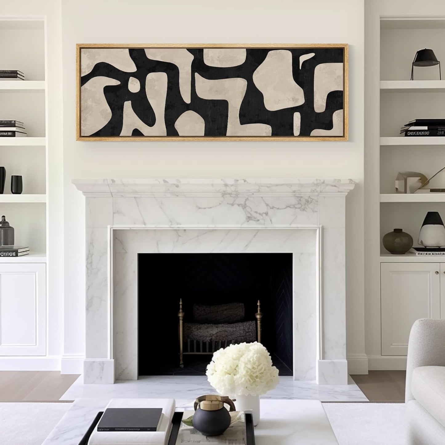 MUDECOR Large Framed Canvas Print Wall Art Abstract Contours Black and White Illustrations Antique Retro Fine Art Illustrations Decorative Colorful for Bedroom - 60"x20"