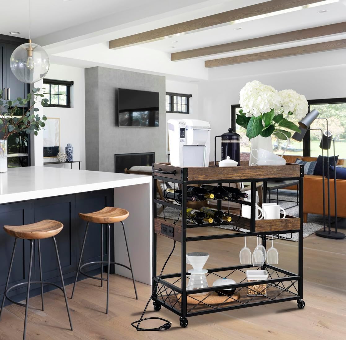 Bar Cart with Power Outlet, Industrial Kitchen Serving Cart with Wine Rack & Glass Holder, Coffee Bar Table Station with Storage, Rolling Cart on Wheels with 59IN Cord, Brown