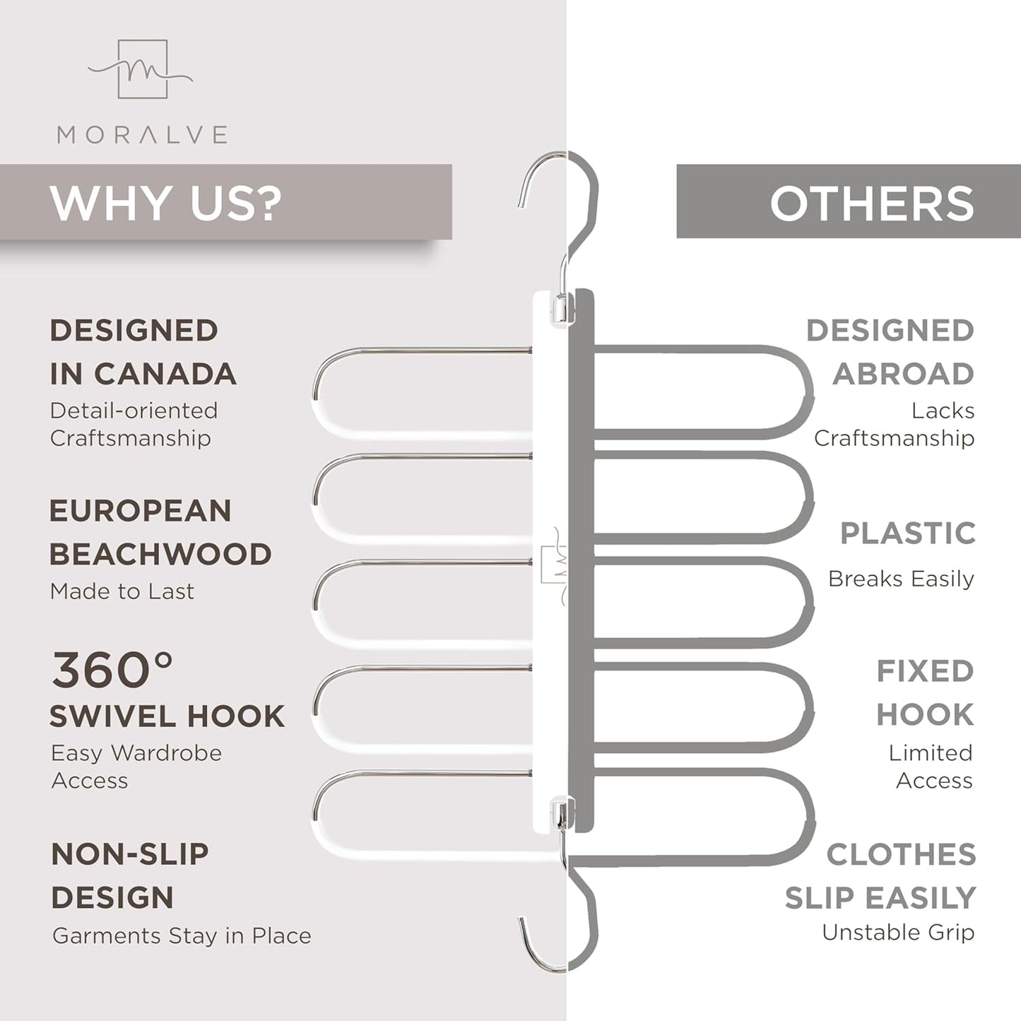 MORALVE Pants Hangers Space Saving - 2 Pack European Beechwood Scarf and Jean Hangers - Closet Organizer and Space Saver Pant Rack, Leggings Hanger, and Scarf Holder with 360° Swivel Hook