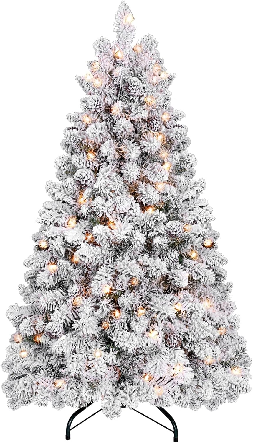 4 ft Prelit Flocked Christmas Tree with Pine Cones & 150 UL Lights, Snow Frosted Artificial Christmas Tree with Auto Hinged Stand for Holiday Decor