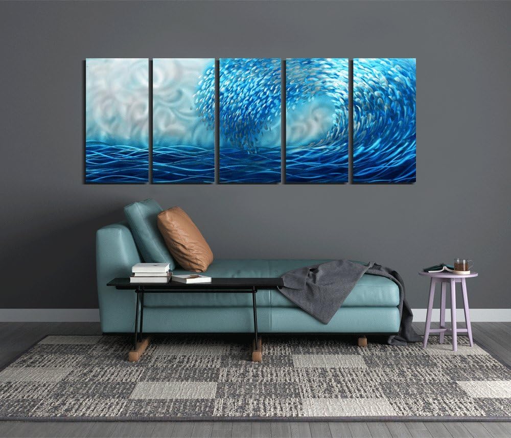 Yihui Arts Hand Crafted Blue Sea Wave 3D Metal Wall Art - Coastal 5 Panel Aluminum Sculpture for Big Abstract Office, Hallway, Fireplace, and Home Decor