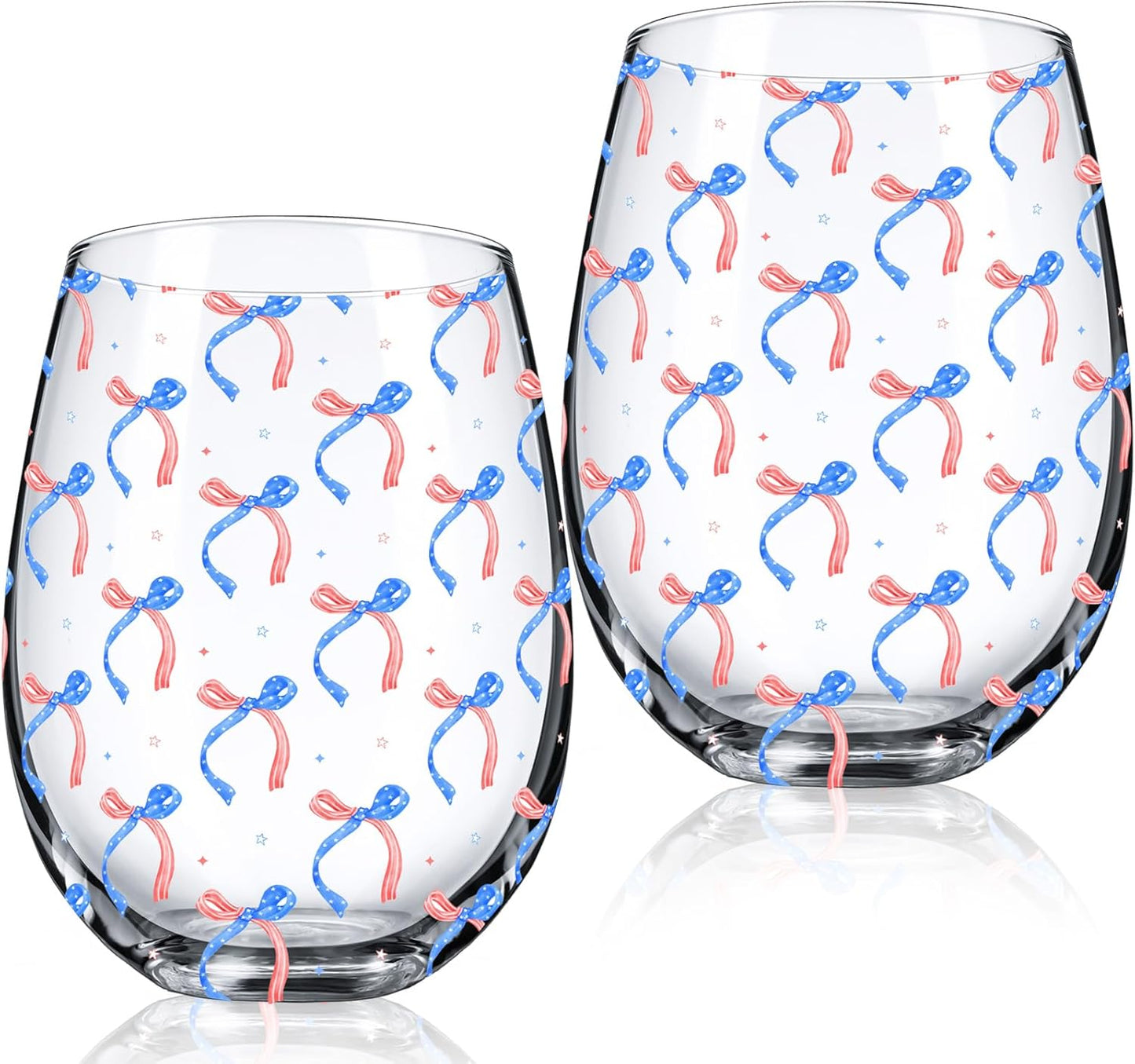Sliner 2 Pack Patriotic Stemless Wine Glasses 17oz Red Blue Bow Drinking Glasses Independence Day Tumbler Cups for 4th of July Party Supplies Memorial Day Gift Decorations