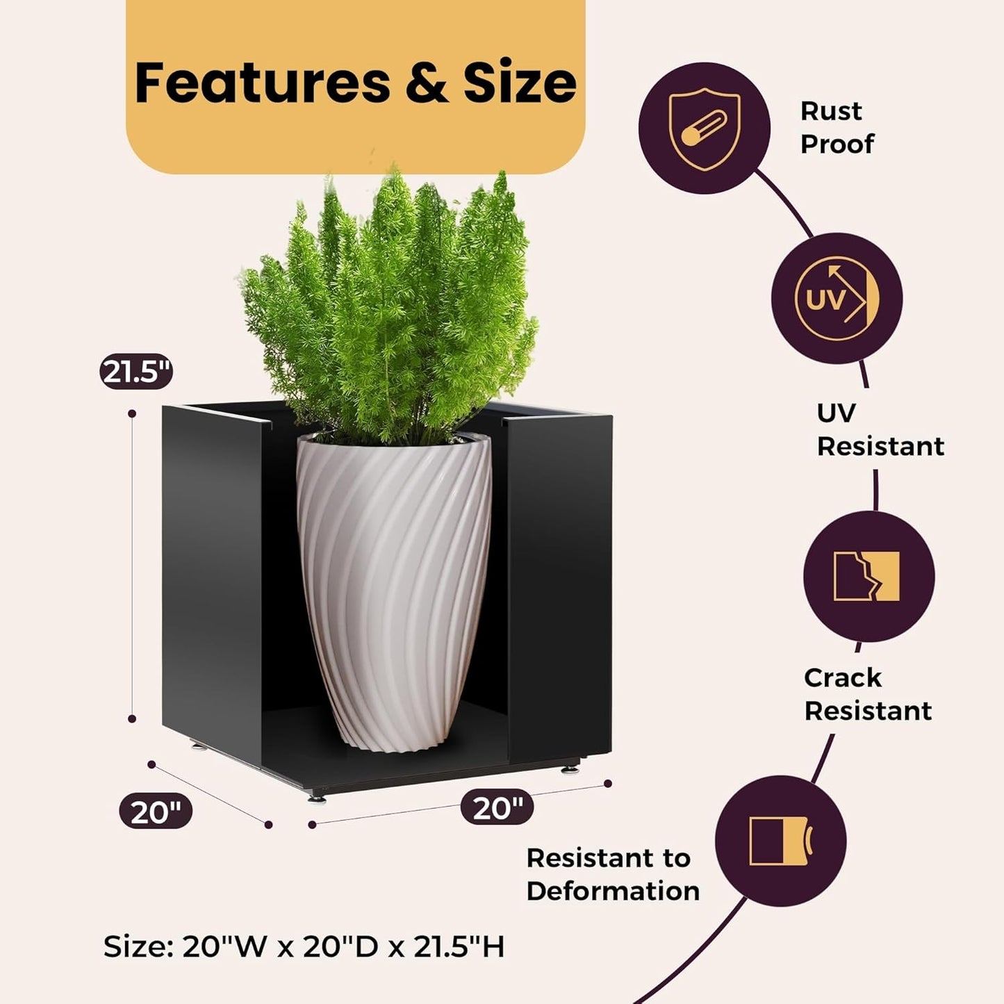 Large Metal Outdoor Planter Box 20Wx20Dx21.5H, Galvanized Steel Cube Planters for Outdoor Plants, Easy Assembly - 5mins Quick Install, Large Square Flower Pot for Patio, Deck, Garden, Yard, Black