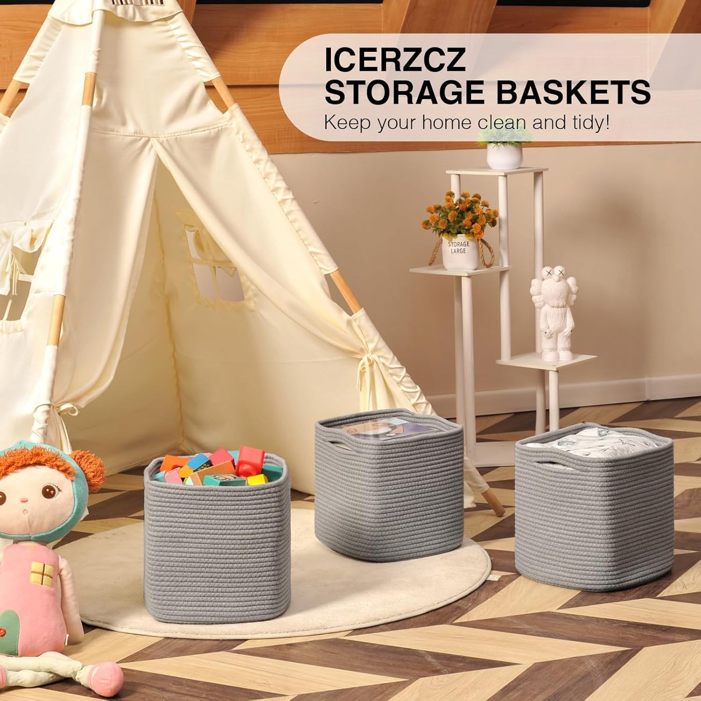 11 Inch Cube Storage Bins, Storage Cube Organizer Bins, Woven Cotton Rope Basket for Storage, Storage Baskets for Organizing Shelves, Grey Baskets for Toys Nursery, Grey (Pack of 3)