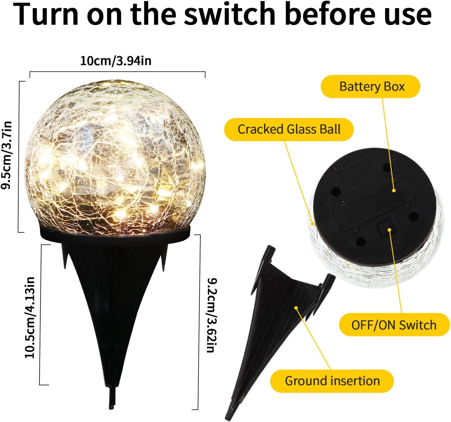 Solar Globe Lights, Cracked Glass Solar Waterproof Warm White LED Ball Lights for Yard Pathway Patio & Lawn Decor (Warm Colors, 2 Pack, 3.94")