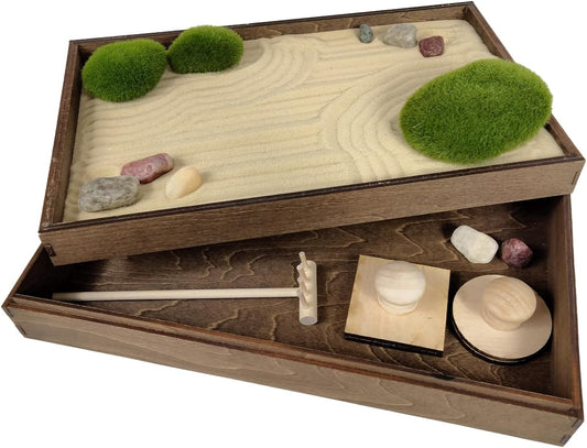 Wooden Stackable Zen Garden | Desert Luxe Sand with Rake & Accessories | Minimalist Decor Gift for Relaxation