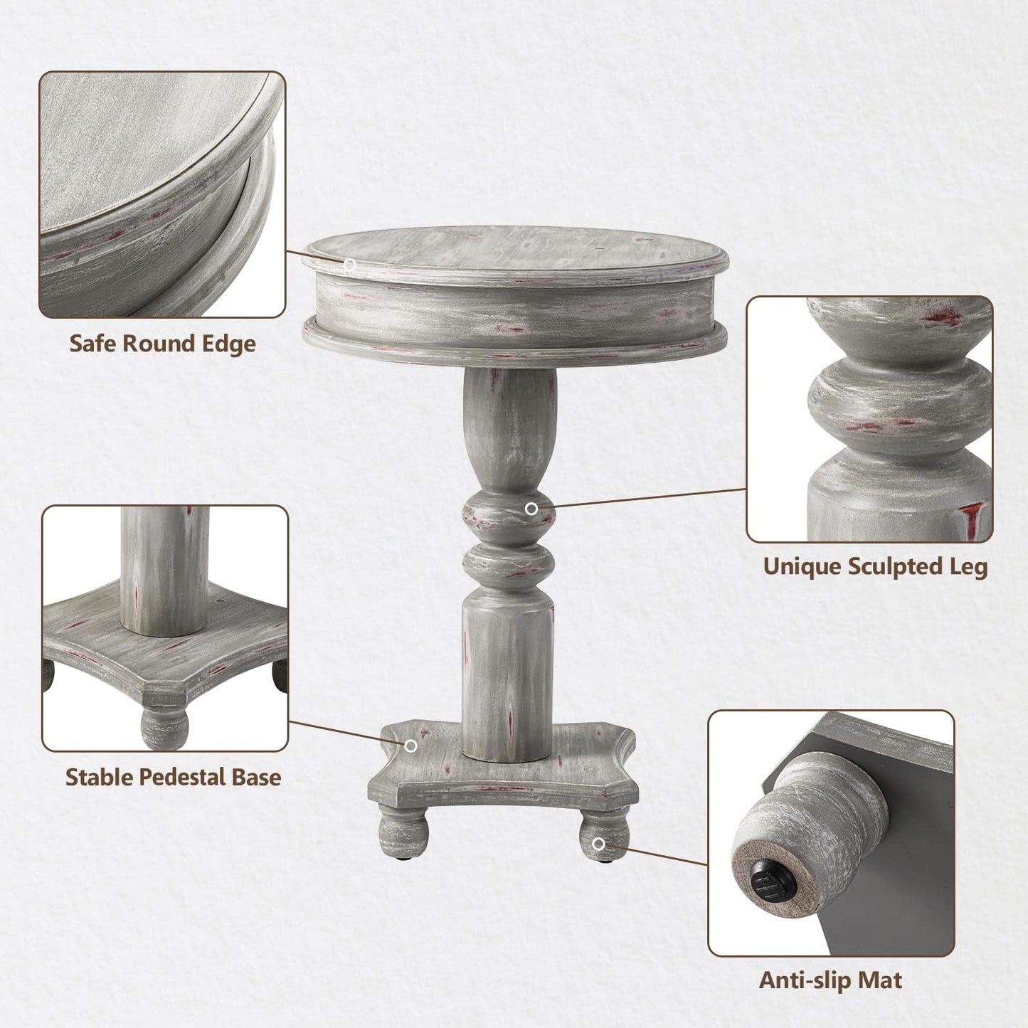 COSIEST Rustic Accent Side Table, Farmhouse Wood Pedestal Table Round End Table for Living Room, Bedroom, Distressed Whitewash Finish, Grey Color
