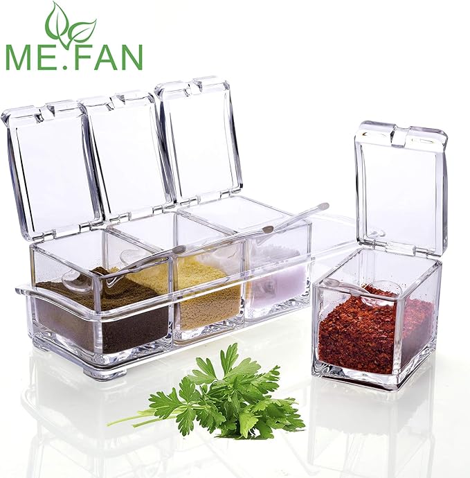 ME.FAN Clear Seasoning Rack Spice Pots - 4 Piece Acrylic Seasoning Box - Storage Container Condiment Jars - Cruet with Cover and Spoon