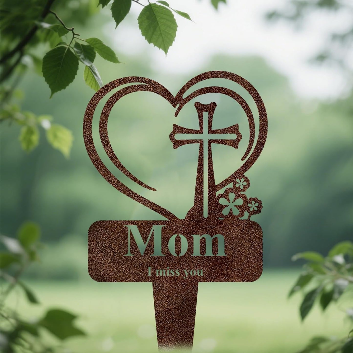 Mom Memorial Grave Stake, Cemetery Decorations for Grave Markers 12.5 x 7.2 inch Heart Metal Sympathy Stakes Graveside Plaque Decor Sign for Mother Graves, Yard, Garden - Rust-Mom