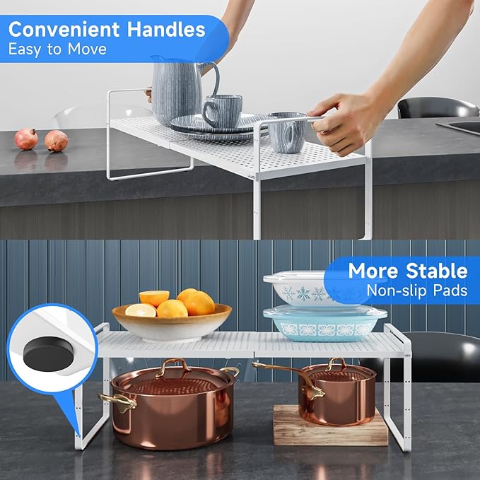 Expandable Cabinet Shelf Organizers, Kitchen Small Stand Rack Organization for Countertop Cupborad Pantry, White 1 Pack