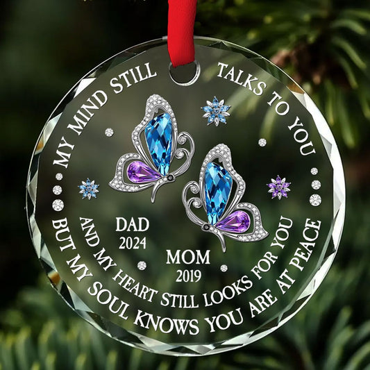 Personalized Memorial Christmas Ornament - My Mind Still Talks to You Butterfly, Custom Name Remembrance Glass Ornament for Loss of Loved Ones in Heaven, Sympathy Gifts for Deceased