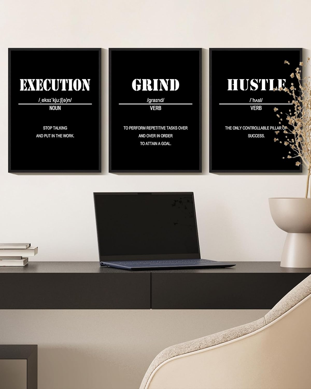 Drsoum Inspirational Office Framed Wall Art Motivational Grind Hustle Success Canvas Wall Decor Encouraging Quotes Sayings Paintings 3 Pieces Artwork Home Bedroom Easy to Hang 11x14in (Black Framed)