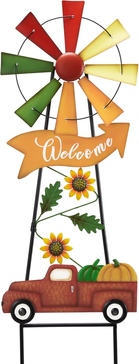 TERESA'S COLLECTIONS Fall Decor for Outdoor Home, Metal Pumpkin Fall Decorations Wind Spinner Yard Stakes Welcome Sign for Thanksgiving Decorations, Rustic Autumn Sunflower Decor for Lawn Patio, 26"