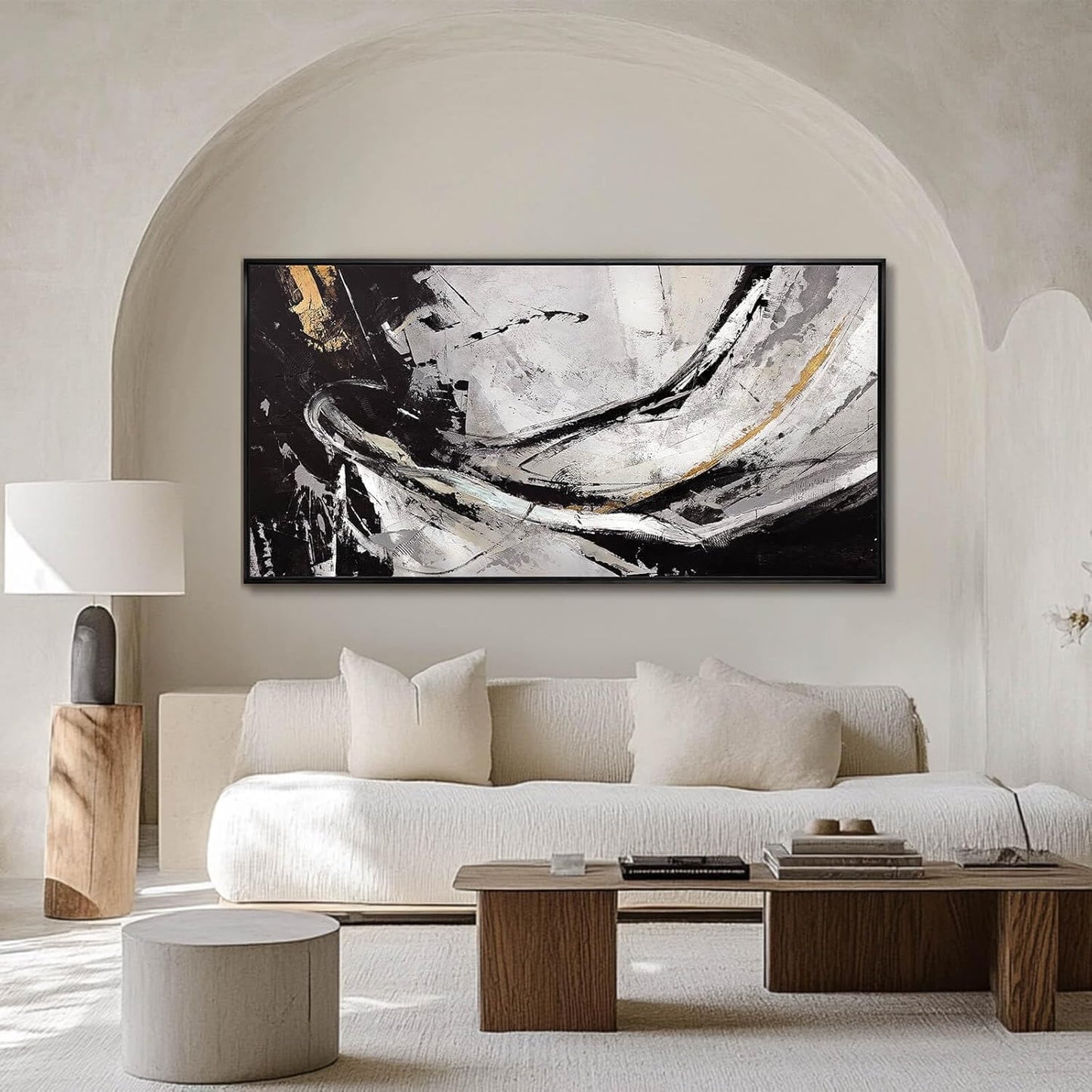 XIANSHOU Abstract Canvas Art Gold Line Painting Wall Art Black Poster Splash-ink Artwork 24"x 48" Gallery Wall Prints for Home Living Room Kitchen