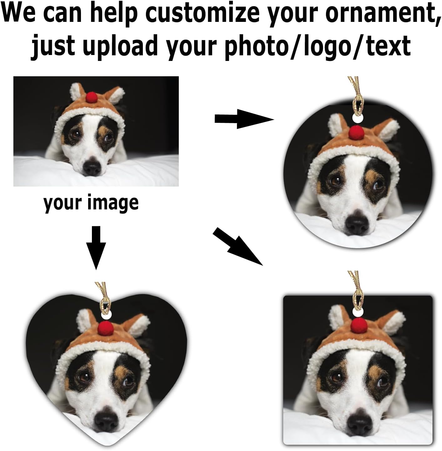 Personalized Ornament, Add Photo Text or Art Design and Make Your own Customized Porcelain Ceramic Ornament, Gold String and Gift Bag Included (Heart)