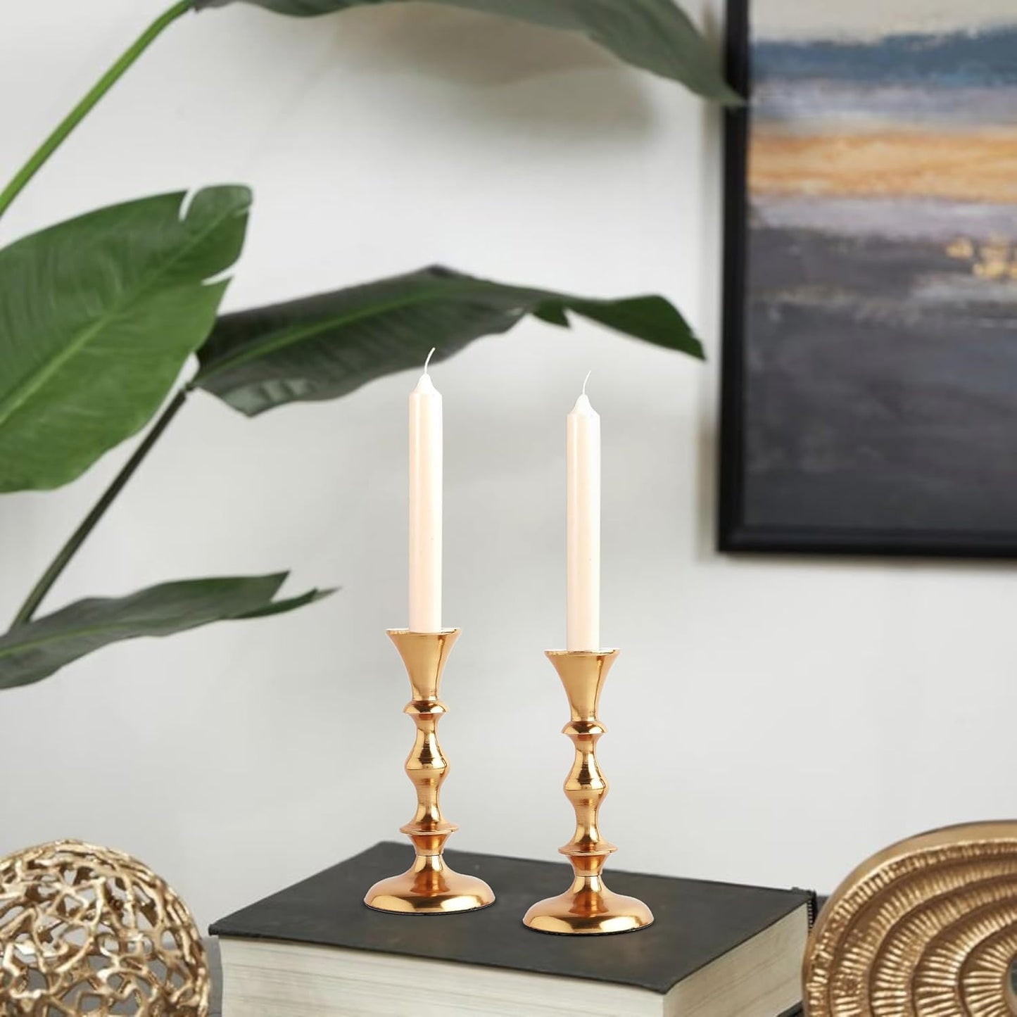 Rely+ Gold Candle Holders Set of 2 Decorative Centerpiece Table Candlesticks Holders for Taper Candles Home Decor Easter Candle Holders for Dinner Party Wedding Decorations