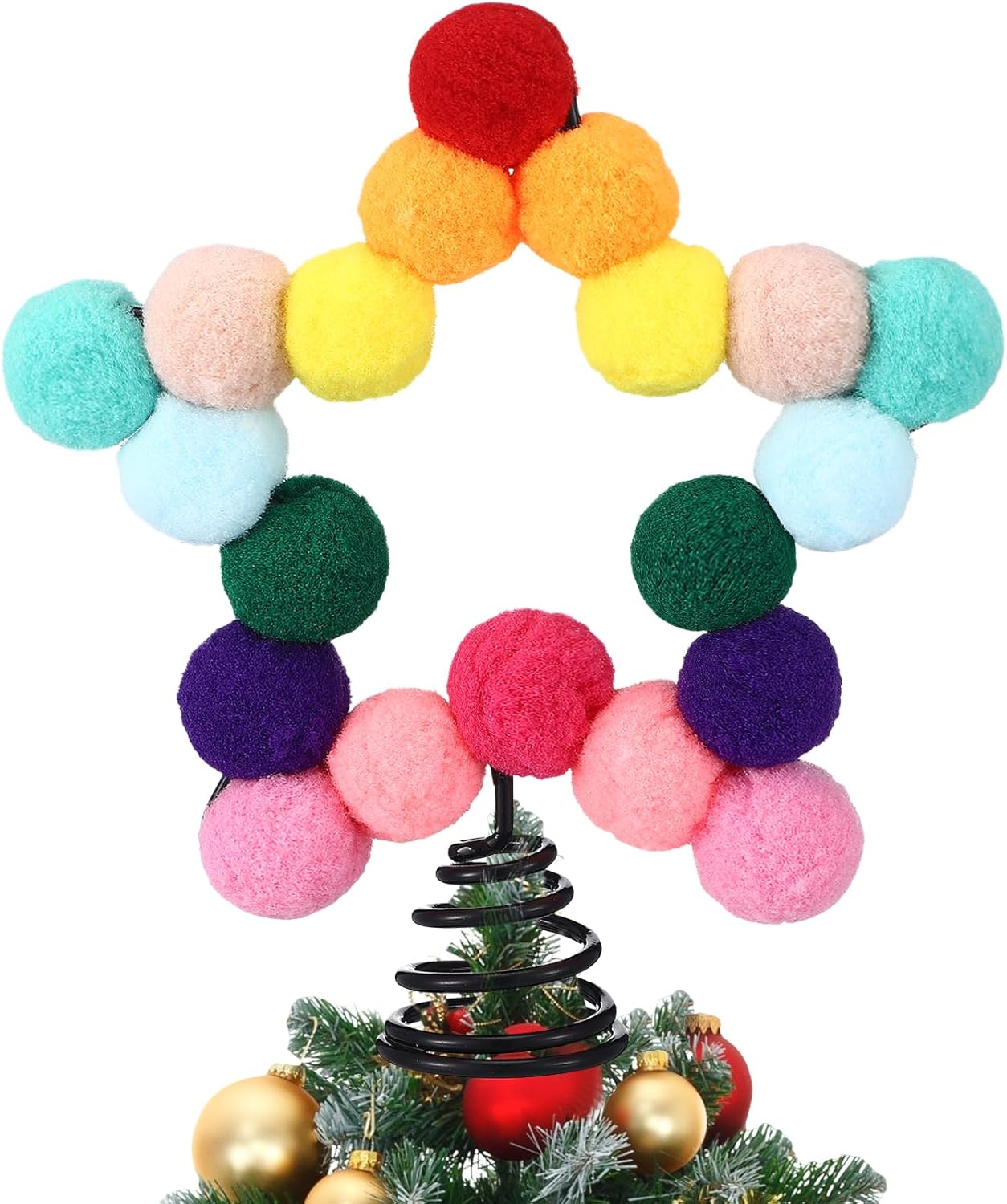 Rainbow Mini Felt Ball Star Christmas Tree Topper Small Colorful Pom Pom Felt Ball 4.7 x 5.9 Inch Tiny Xmas Tree Topper Colorful Five Pointed Star Xmas Ornaments for Decoration