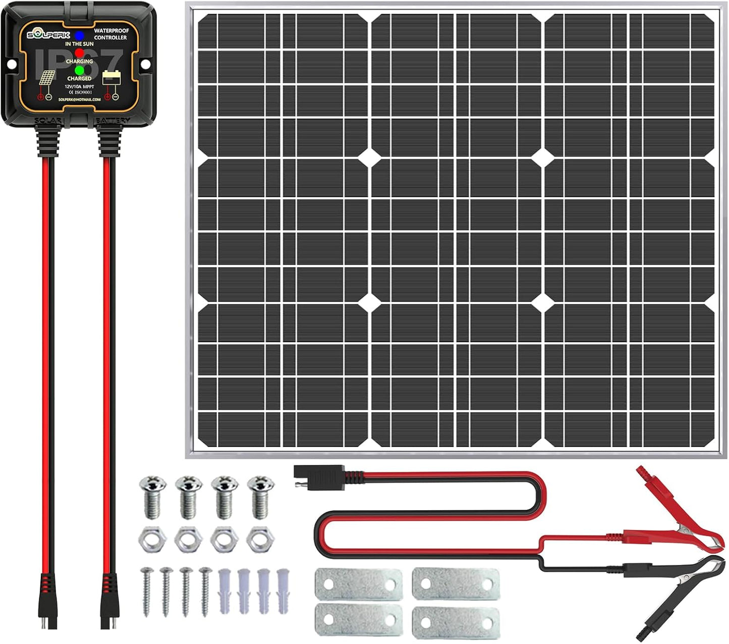 SOLPERK 50W Solar Batery Charger Solar Battery Maintainer + Upgrade 10A MPPT Charge Controller + Adjustable Mount Bracket for Car RV Boat Motorcycle,12V Solar Panel Kit Trickle Charging
