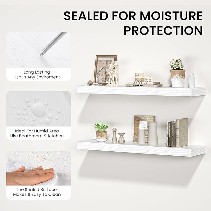 Floating Shelves for Wall, 24" W x 6.7" D x 1.5" H, Wooden Wall Mounted Display Shelves with Invisible Brackets for Living Room, Bedroom, Bathroom, Kitchen Decor and Storage, Set of 2, White