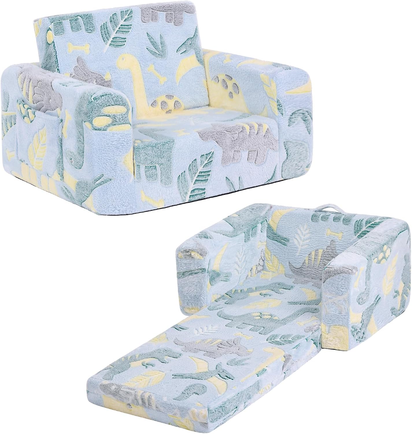 Welnow 2-in-1 Kids Sofa Chair, Glow in The Dark Convertible Toddler Chair Flip Out Children Sofa Folding Kids Play Sofa with Side Pockets & Removable Cover Armrest Chair for Girl or Boy
