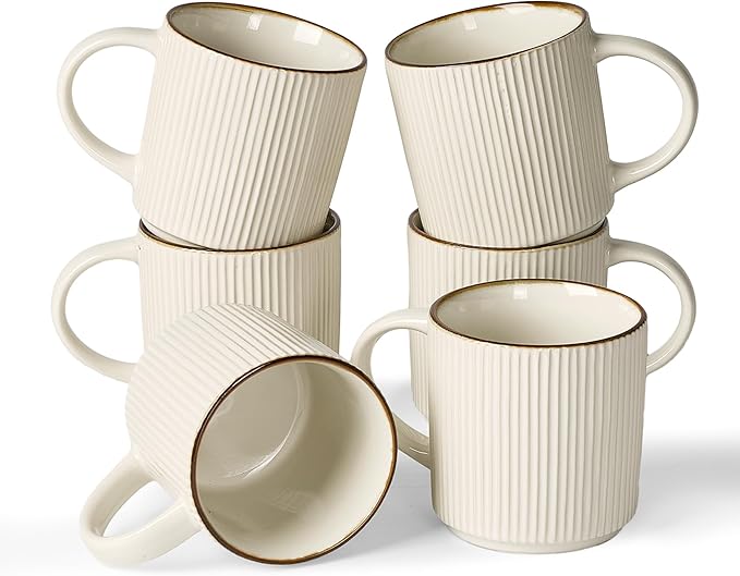 famiware Coffee Mug Set for 6, Star 12 oz Catering Mugs Cup Set with Handle for Coffee, Tea, Cocoa, Milk - Ceramic Stoneware Drinkware Set, White