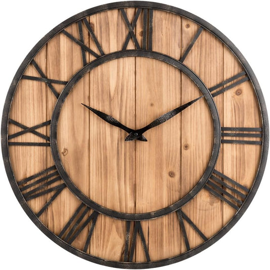 Oldtown Farmhouse Metal & Solid Wood Noiseless Wall Clock (Wood, 24-inch)