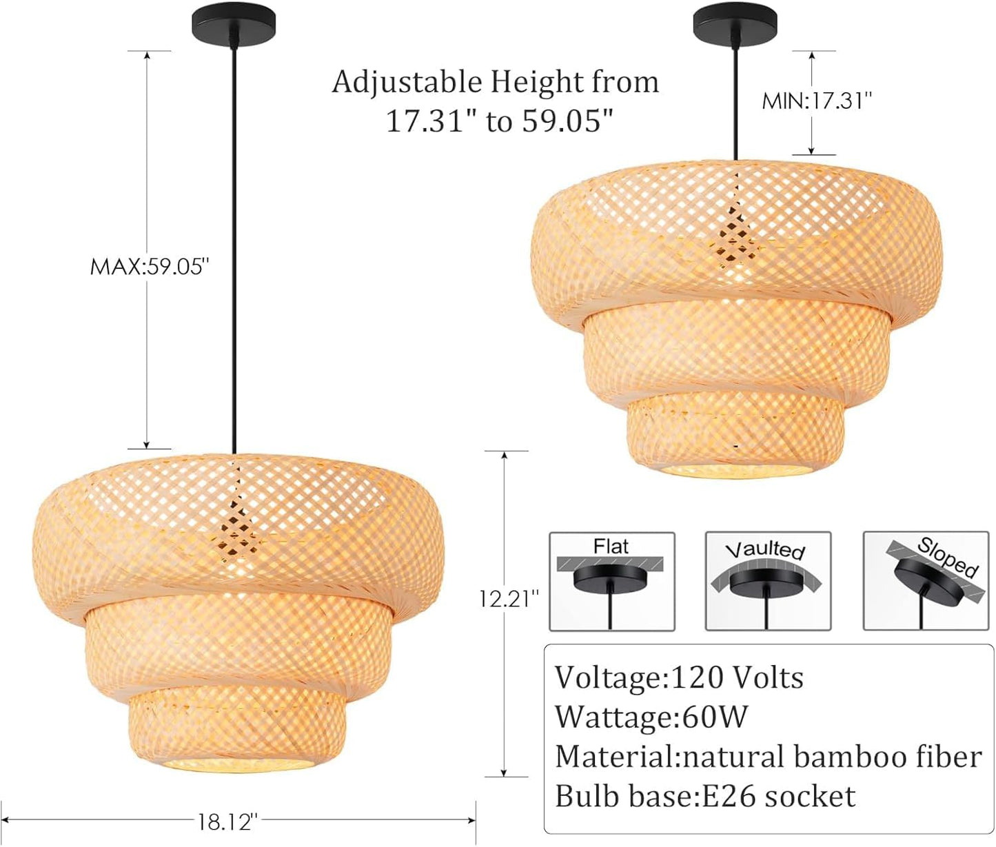 Bamboo Pendant Light,18.5" Boho Rattan Hanging Light 3-Tier Hand Woven Wicker Chandelier for Kitchen Island for Kitchen Island Dining Bedroom Living Room Restaurants