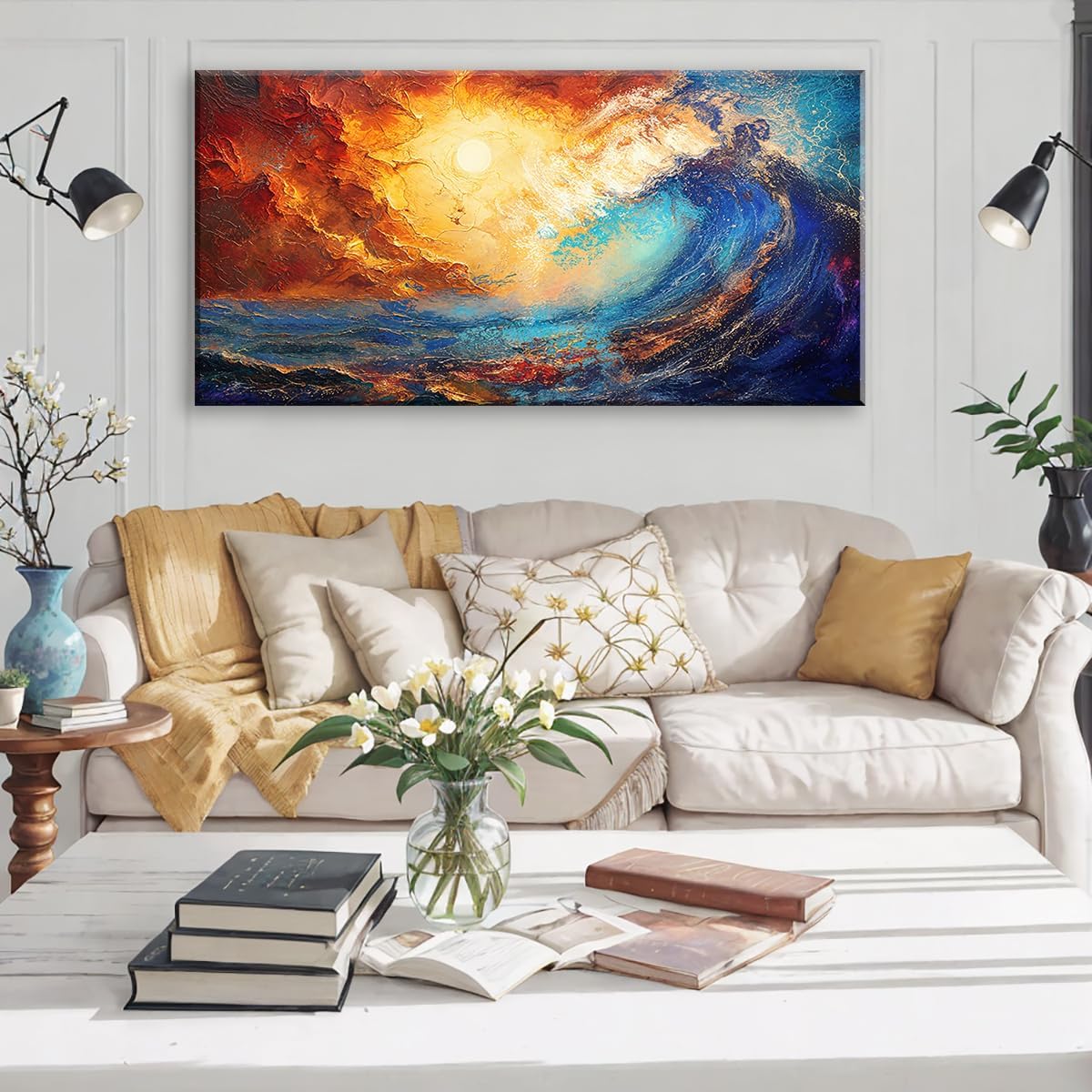 LASMOND Abstract Ocean Wall Art for Living Room Beautiful Blue Sea Wave Seawater Colorful Sky Landscape Wall Art Decor Artwork Bedroom Office (40 x 20 Inches)