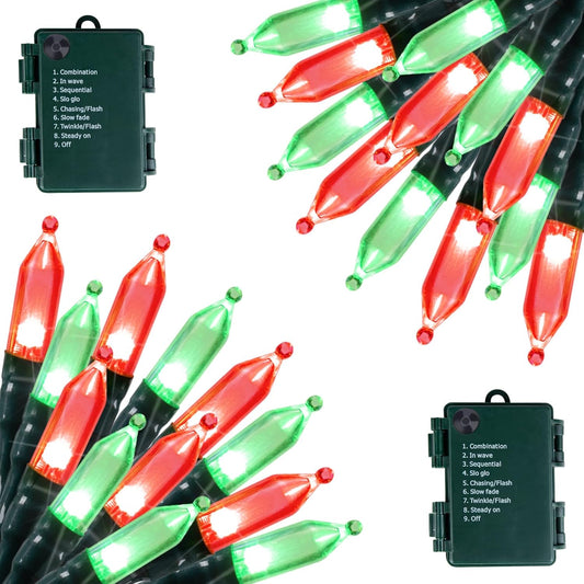 Battery Operated Christmas Lights 2 Pack 18 Feet 50 LED Clear Mini String Lights with 8 Modes Waterproof Tree Lights for Xmas Outdoor Indoor Holiday Party Garden Decor, Red & Green