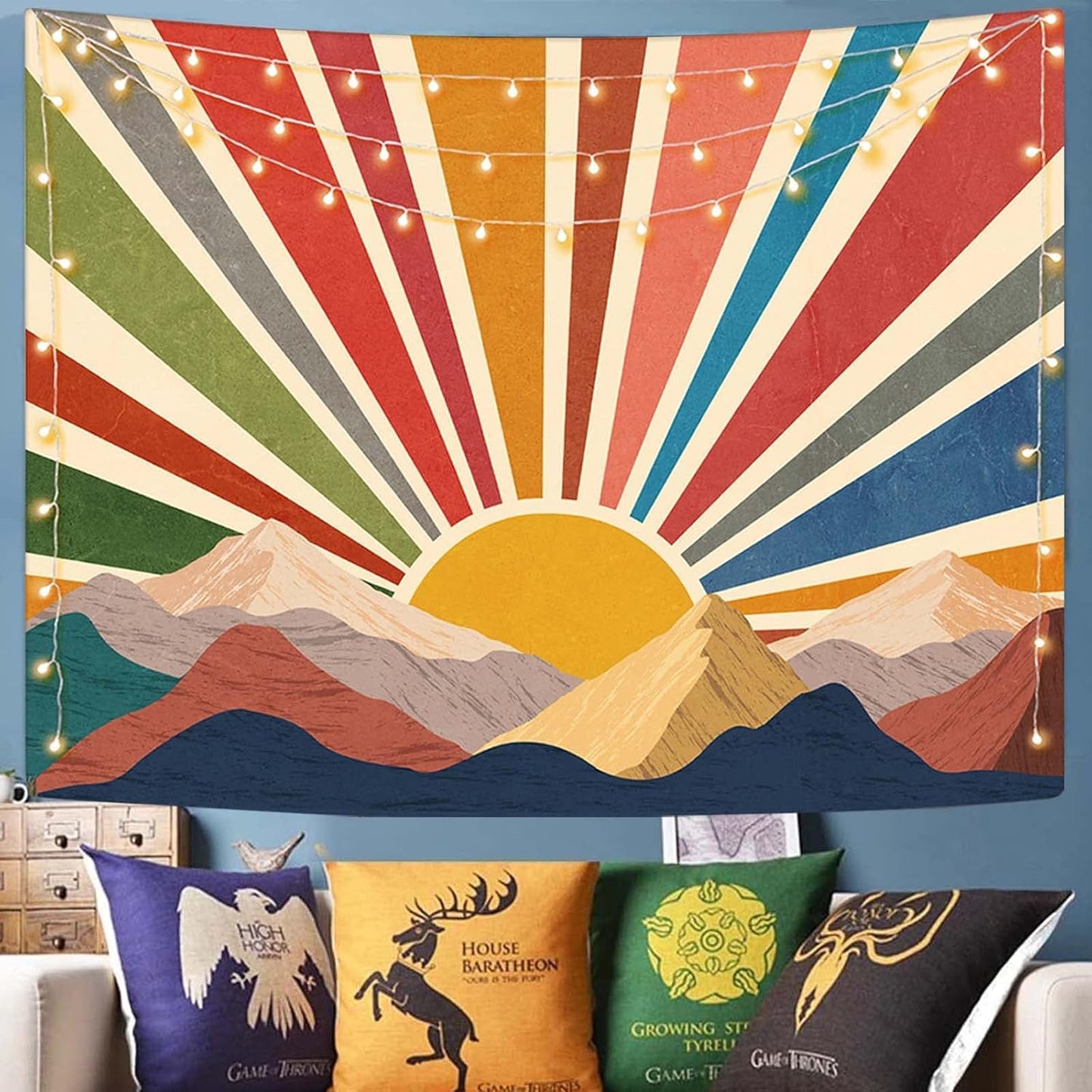 Aipon Sun Tapestry Boho Mountain Abstract Wall Hanging Tapestries Small Sunrise Sunset Western Retro Tapestrys Hippie Aesthetic Vintage Geometric Rainbow Tapastry's Indie Living Room Dorm (Yellow,